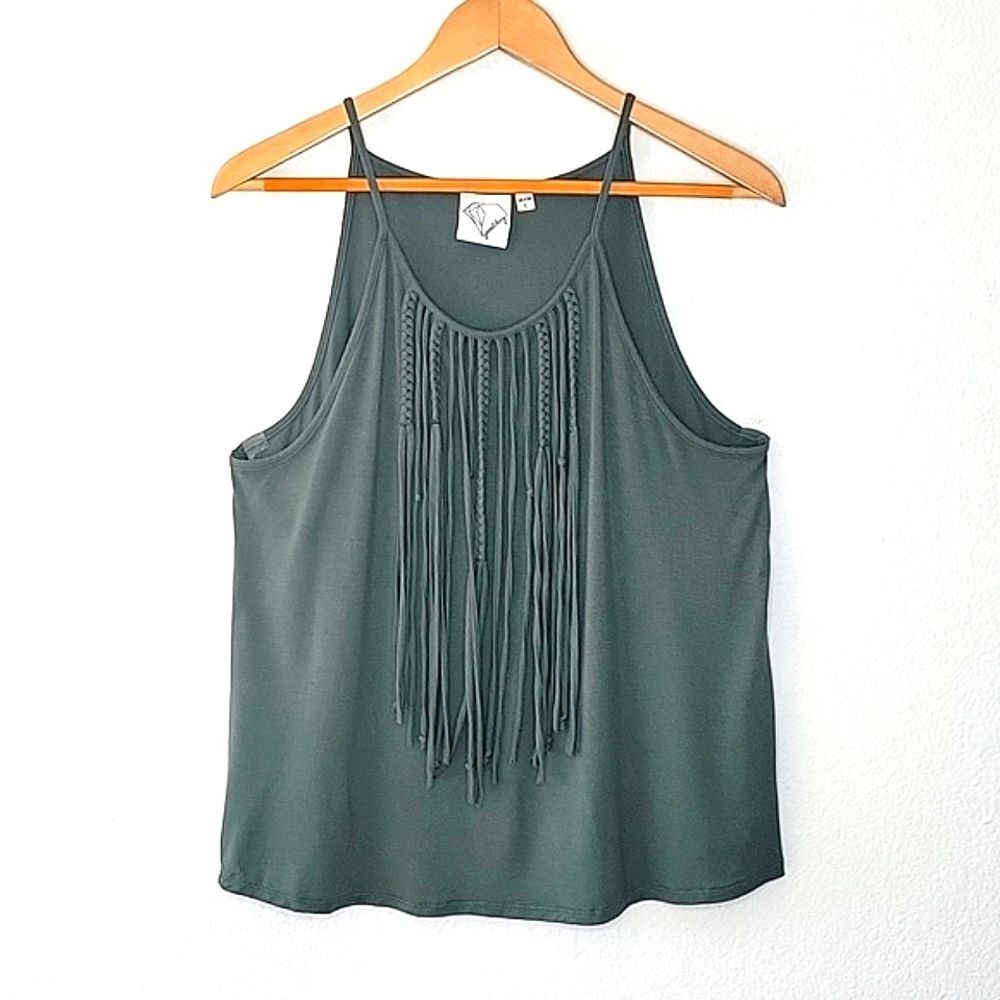 JANET CHUNG Green Racerback Tank Top size L Braided Fringe Boho Hippie Festival